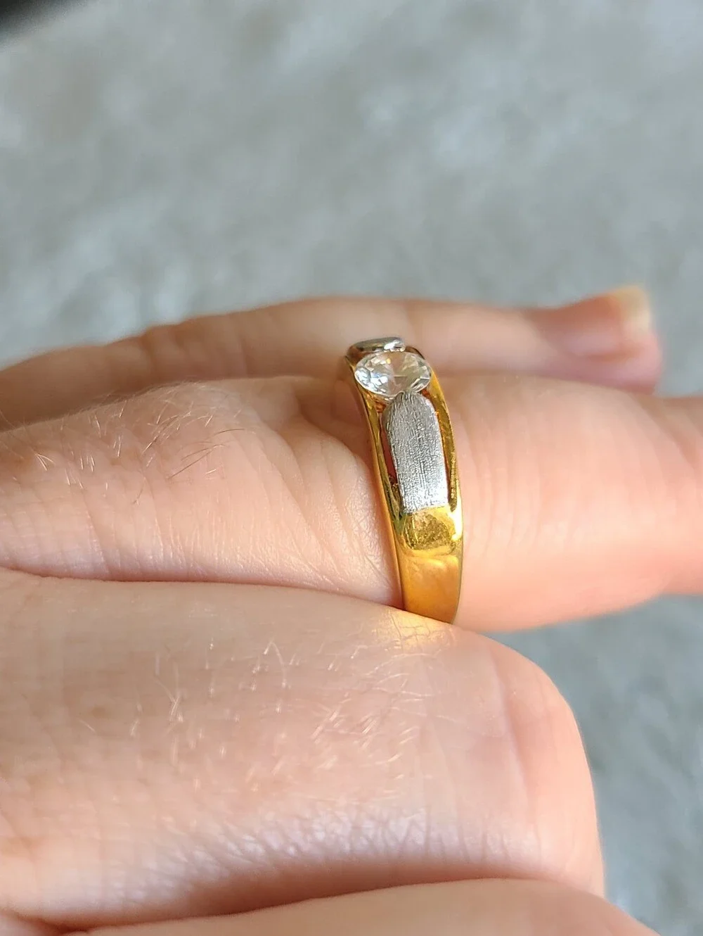 Gold and Silver Two-Tone Solitaire Ring with Clear CZ Gem